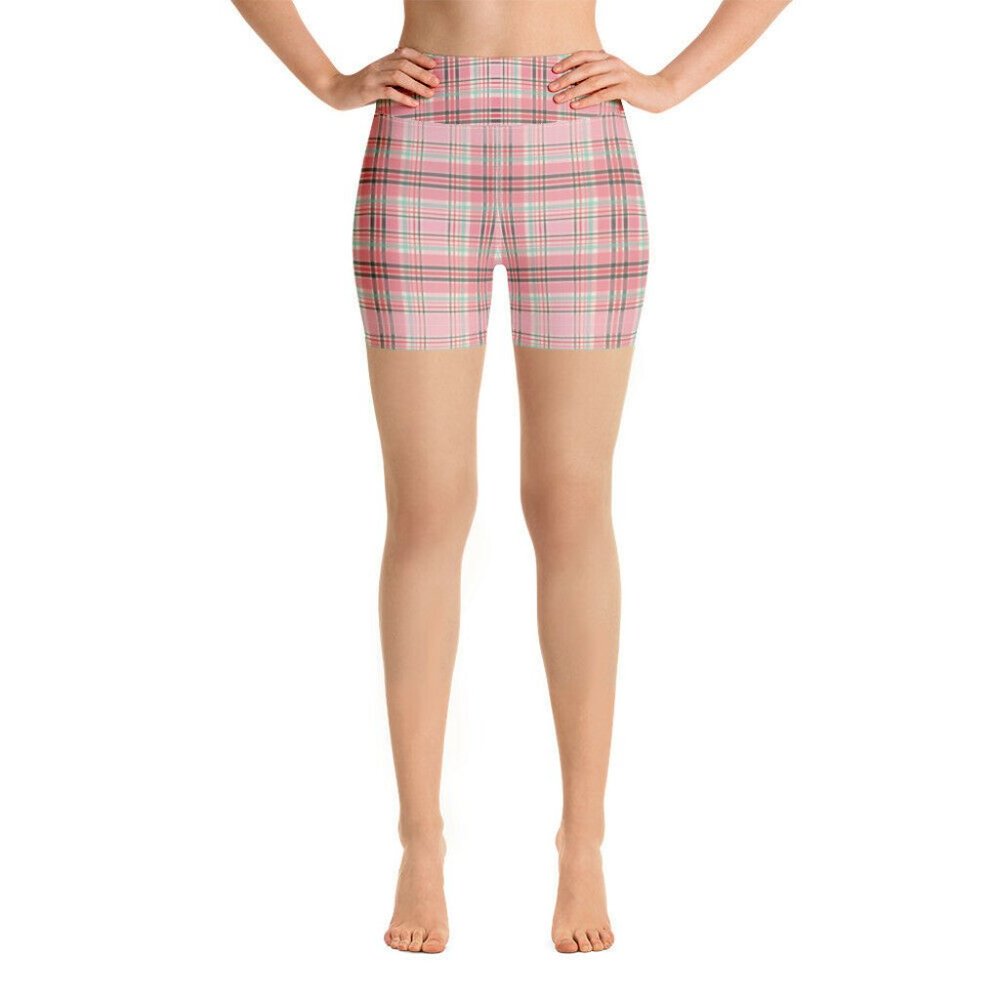 Pink Green Plaid Patterned Cute Yoga Shorts